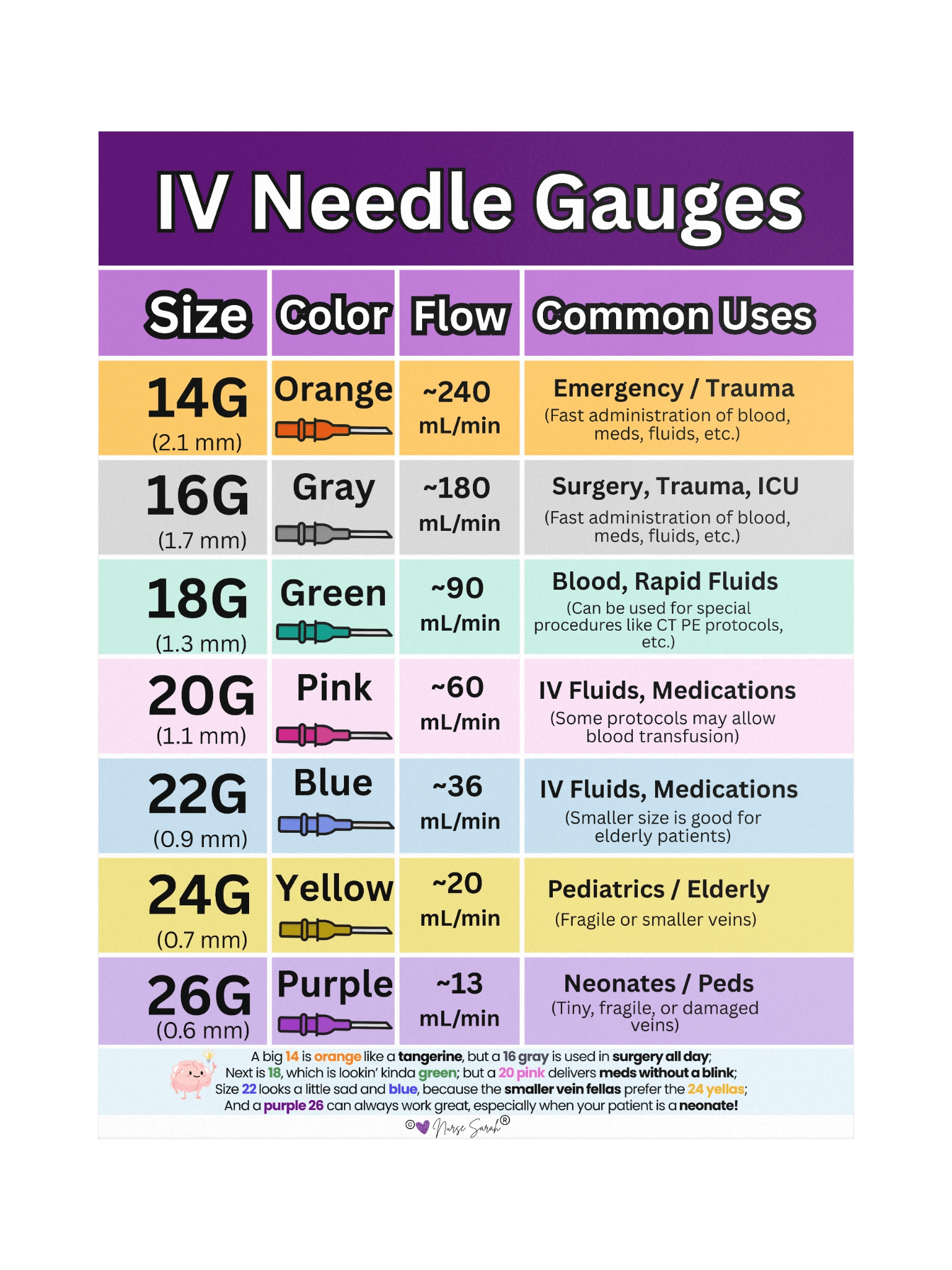 IV Needle Gauge Size Chart and Uses Wall Poster by Nurse Sarah® product image (1)