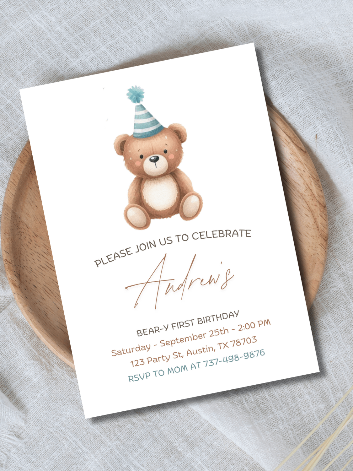 Beary First Birthday Invitation – Editable Greenery Bear Theme Canva Template, Instant Download product image (2)