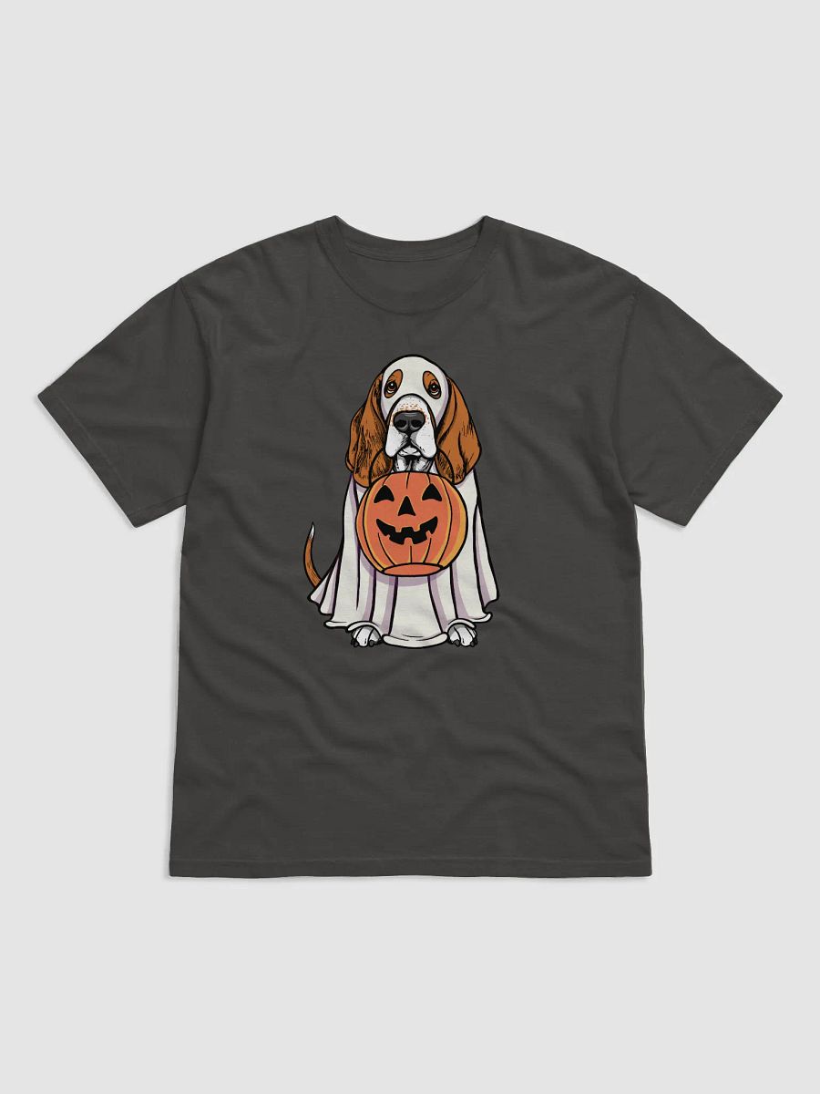 Funny Halloween Basset Hound T-Shirt | Funny Basset Hound Wearing a Ghost Costume and Holding a Pumpkin Basket product image (17)