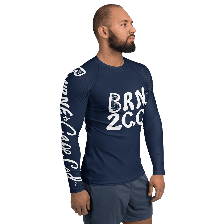 BRN.2C.C.™ /BOURNE to Cape Cod™ | Men’s Long Sleeve Rash Guard | UPF 50+ Active Coastal Shirt | White Logos on Navy Blue product image (4)