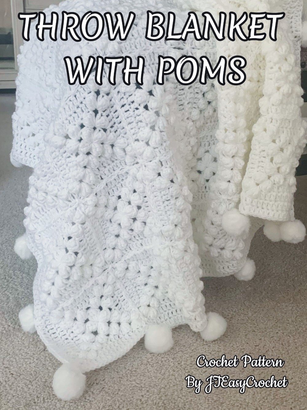 Granny Square Blanket With Poms, Easy Crochet Pattern & VIDEO, Textured Crochet Throw Home Decor, Baby Gift product image (12)