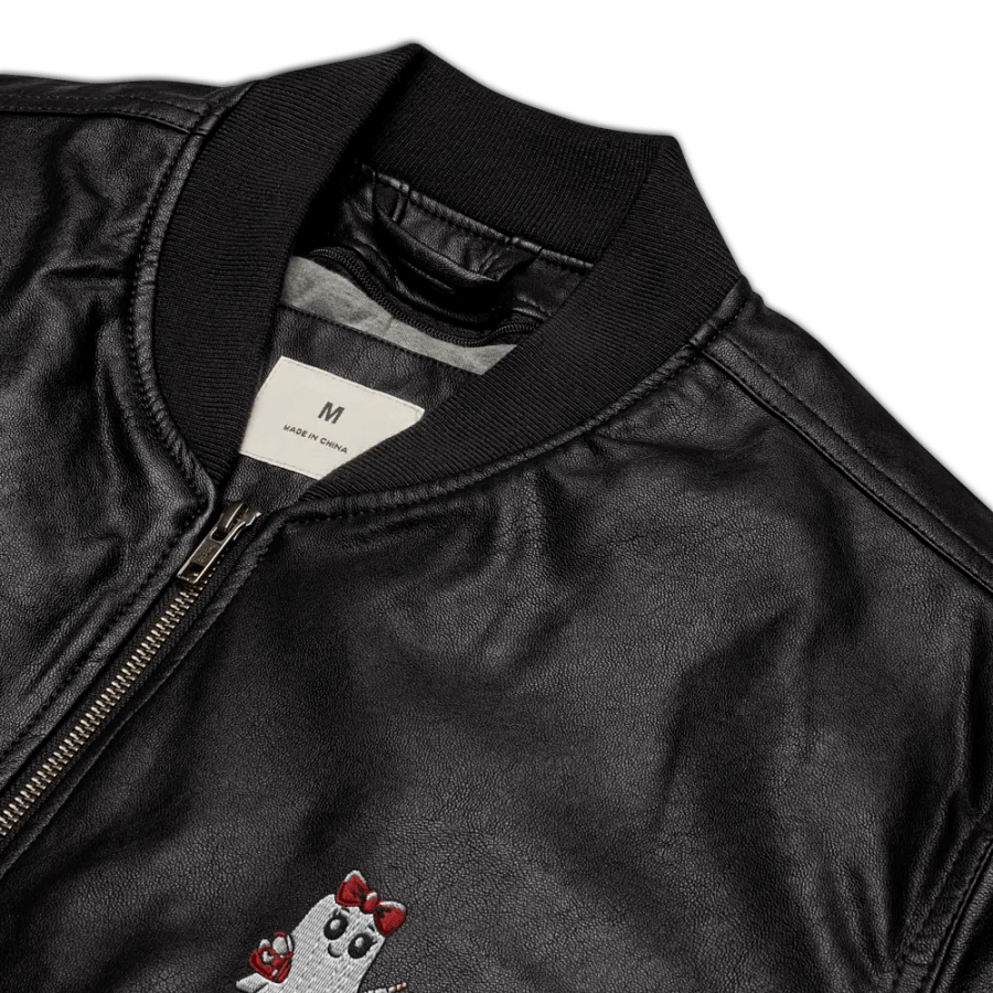 Stylish Ghost Embroidered Faux Leather Bomber Jacket product image (4)