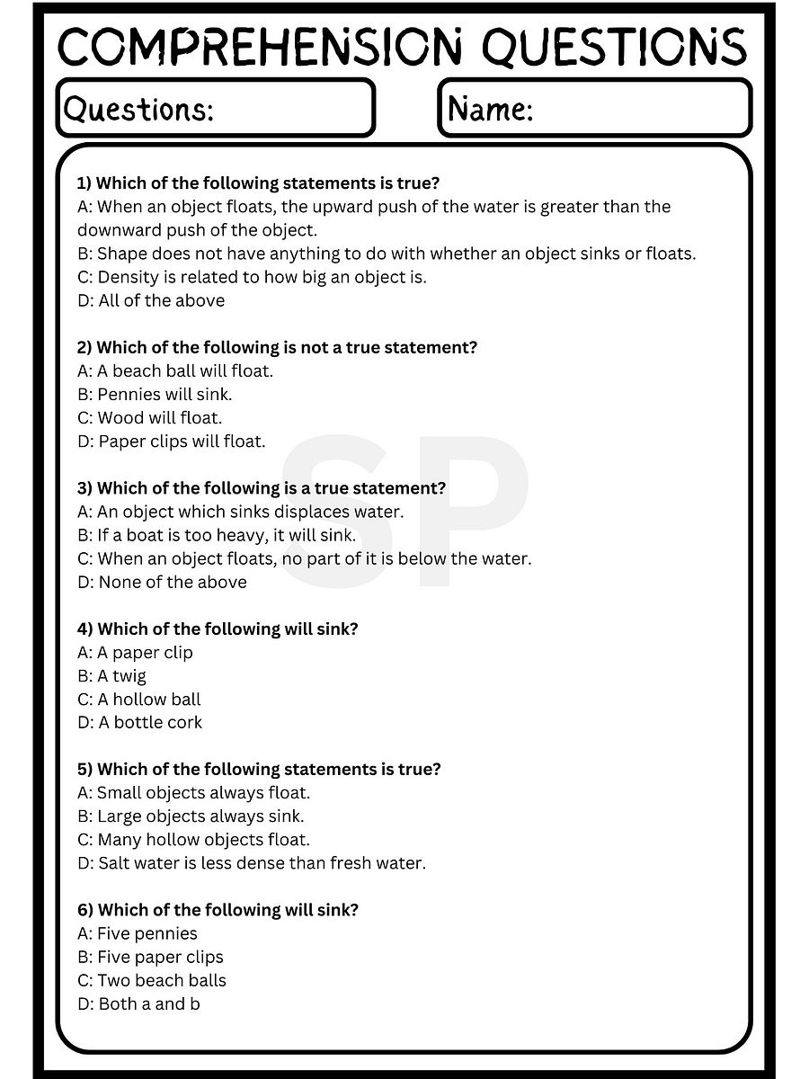 sinking and floating reading comprehension MULTIPLE-CHOICE QUIZ & ANSWER KEY product image (3)