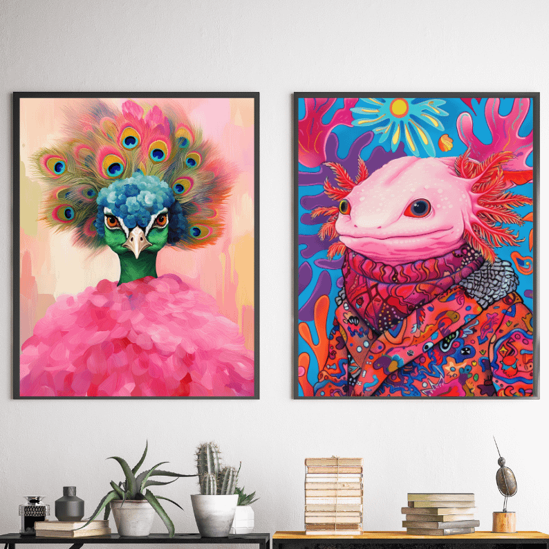Maximalist Animal Fashion Art DIGITAL Print Set of 6 ~ Frog, Giraffe, Axolotl, Snail, Rhino, Peacock ~ product image (4)