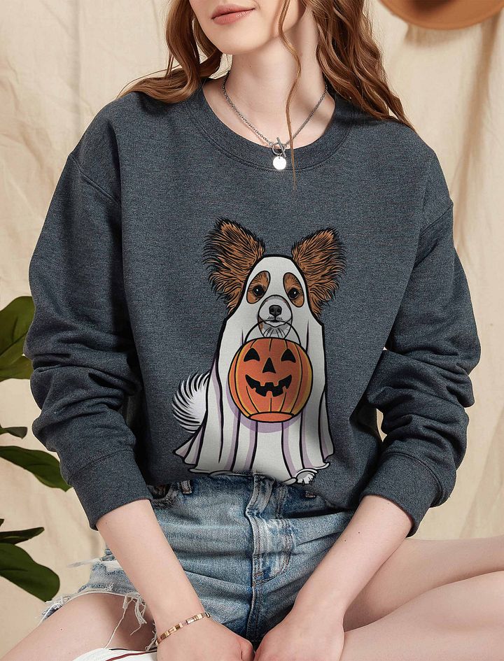 Funny Halloween Papillon Sweatshirt | Funny Papillon Wearing a Ghost Costume and Holding a Pumpkin Basket product image (5)