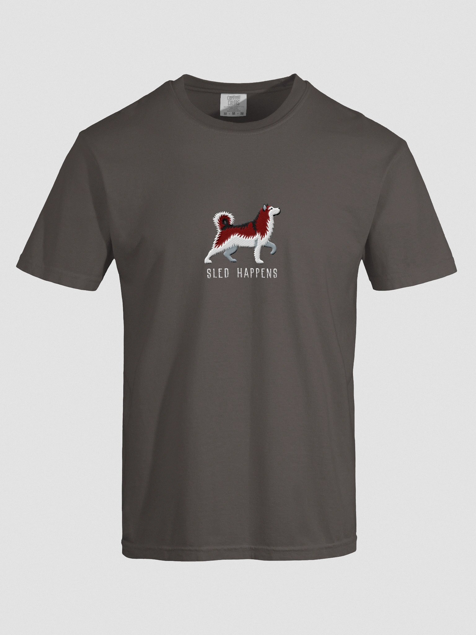 Sled Happens T-Shirt(Embroidered) of an Alaskan Malamute(Red & White) product image (10)