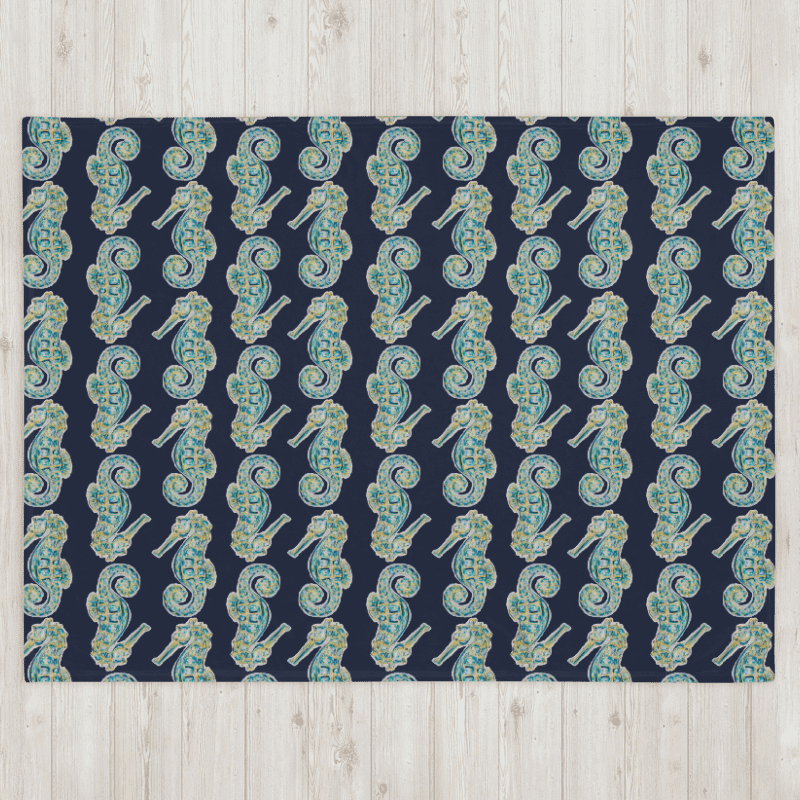 Painted Seahorses on Navy | Cozy Coastal Throw Blanket | by Monique Faella Designs™ product image (6)