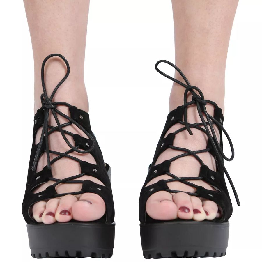 GIRLS KIDS MID LOW BLOCK HEEL CHUNKY LACE UP CUT OUT GLADIATOR SANDALS SHOES product image (4)