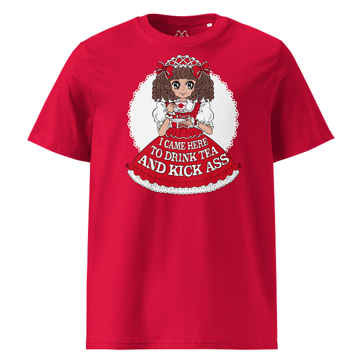 𝑼𝑺𝑨 I Came Here to Drink Tea & Kick Ass (Oldschool, Red) organic cotton t-shirt product image (1)