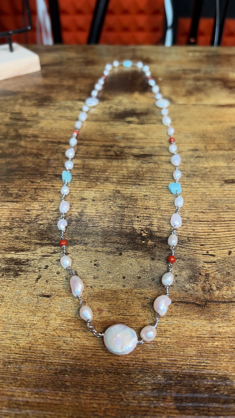 Necklace - 30 inch Bead Chain, Freshwater Pearls, Coral, and Amazonite - Hand-made by JB product image (1)