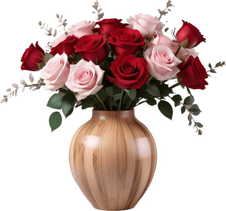 Natural Wooden Vase with Red and Pink Roses PNG product image (1)