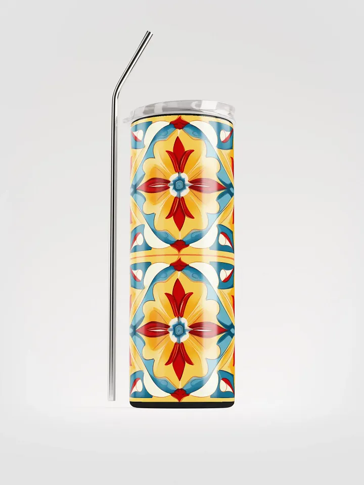 Colorful Brite Tile Pattern, Reds, Yellows, Blues, White Skinny Tumbler with Straw, 20oz product image (2)