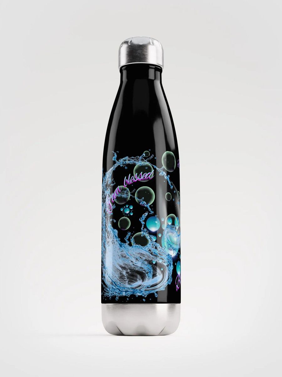 water bottle with beautiful swirly blue water splash and drops design featuring “ I am blessed’ product image (1)