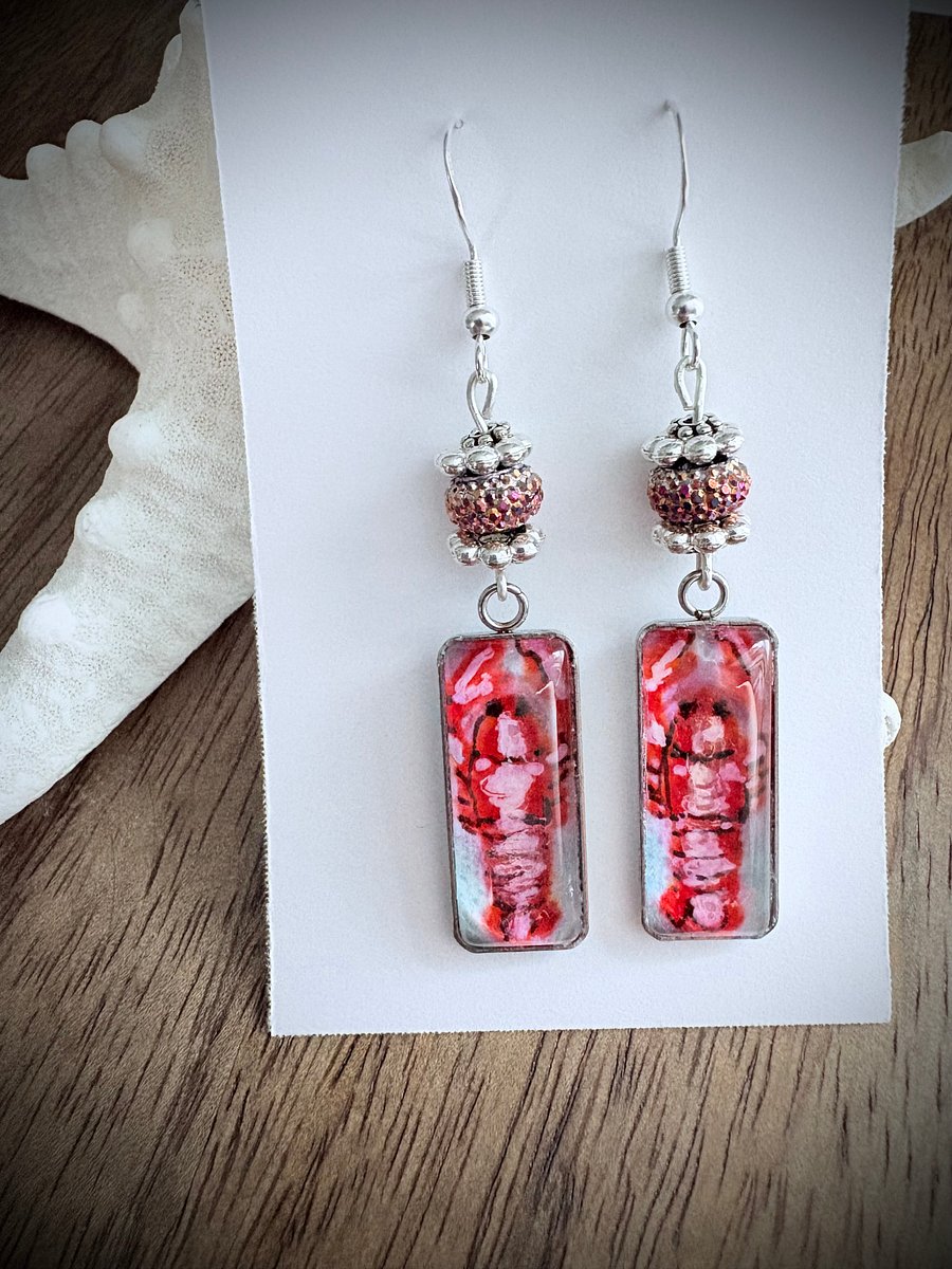 🦞Hand-Drawn Lobster Illustration Earrings | Handmade Rectangle Dangle Pair | Monique Faella Designs™ | MFD-00220 product image (2)
