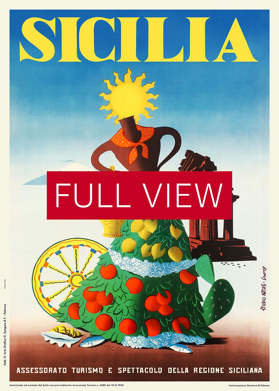 Italy, Sicily (Sicilia), 1950 — retro vintage travel poster product image (3)