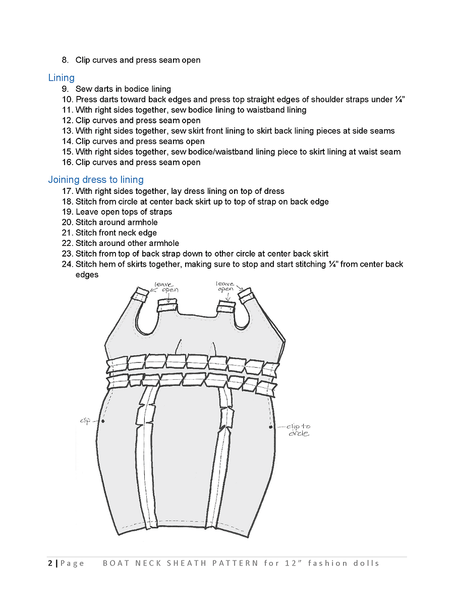 Boat Neck Sheath sewing pattern for 12" fashion dolls product image (3)