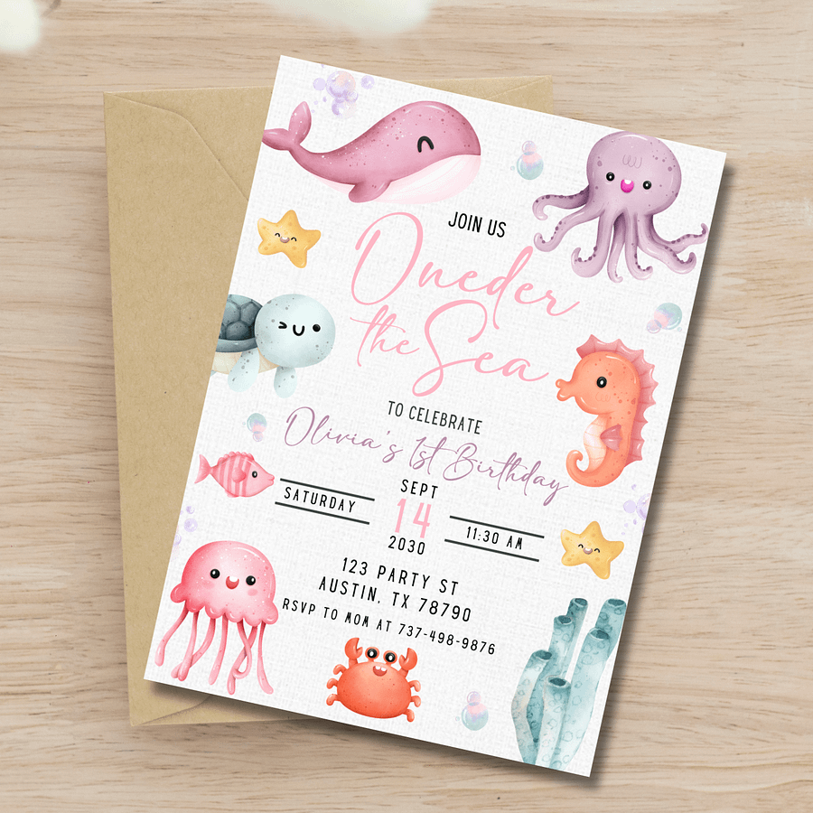 Oneder the Sea Birthday Invitation | Girl 1st Birthday Party Under the Sea | Editable Canva Template | Ocean Mermaid Sea Animals Theme product image (3)