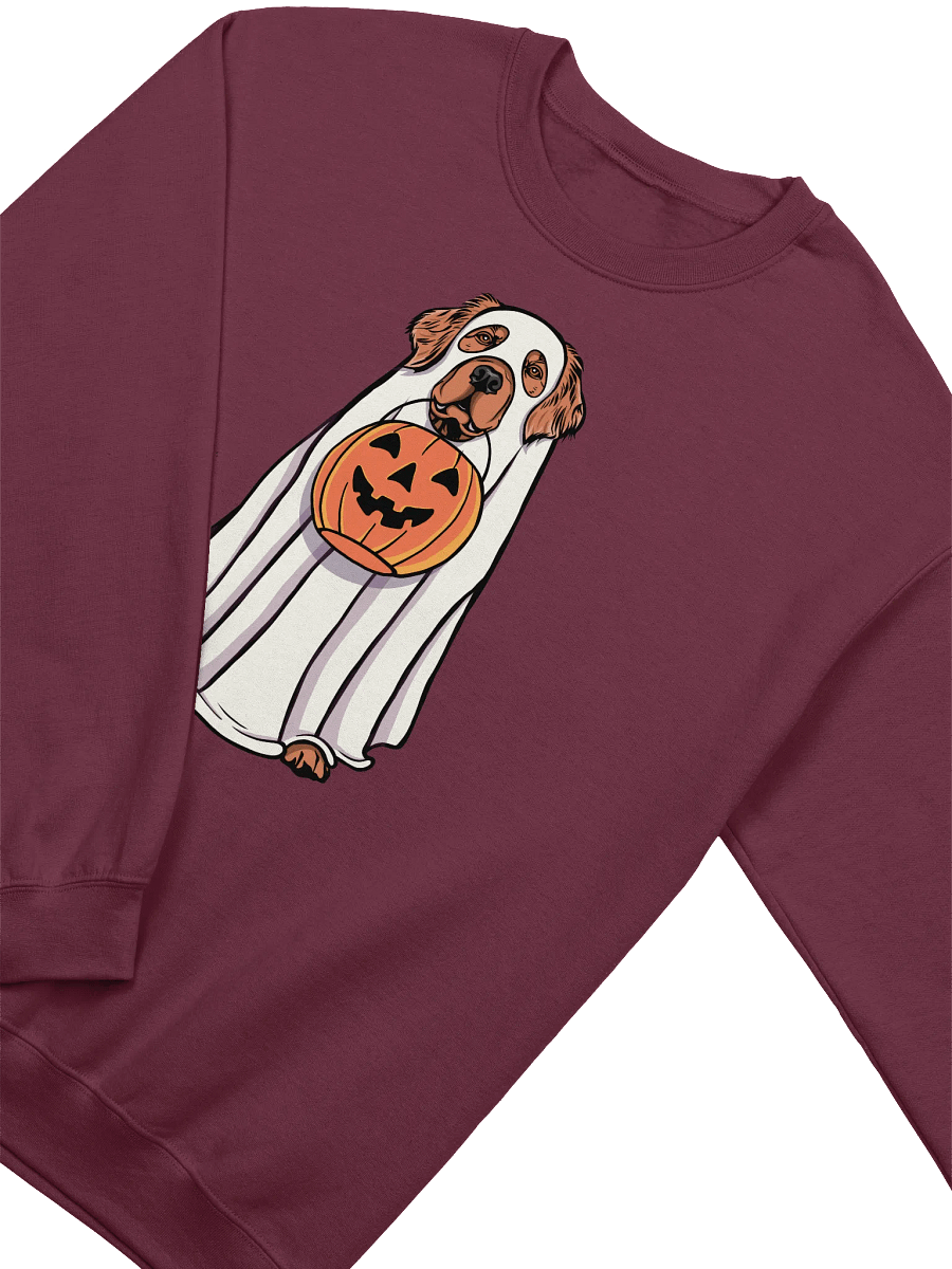 Funny Halloween Golden Retriever(Red) Sweatshirt | Funny Goldie Wearing a Ghost Costume and Holding a Pumpkin Basket product image (13)