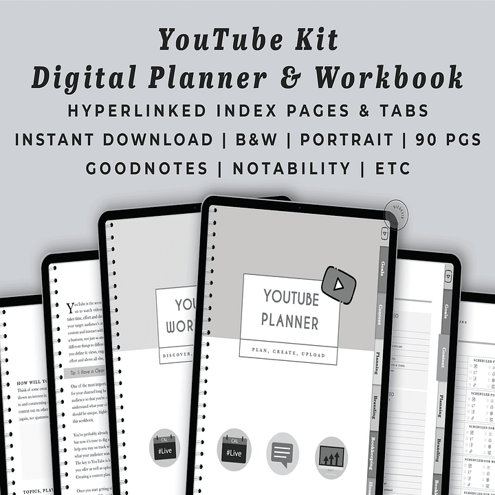 YouTube Digital Planner and Workbook Kit - Grayscale product image (1)