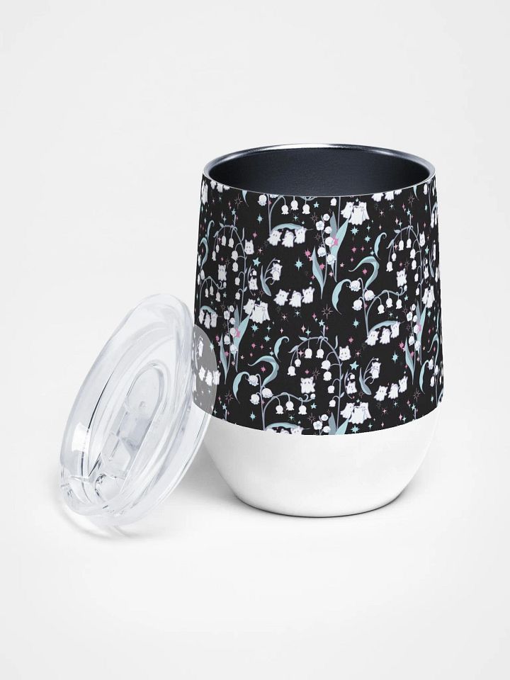 Kitty Ghost Garden of Dreams kawaii Lilies of the Valley Wine Tumbler-- Cute and Cozy on-the-go Sips (Dark) product image (2)