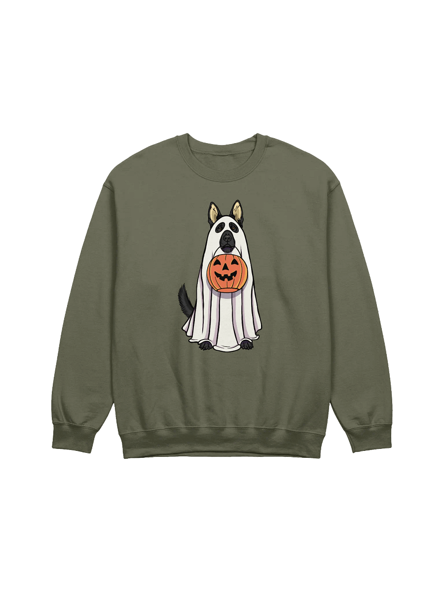 Funny Halloween German Shepherd(Black) Sweatshirt | Funny GSD Wearing a Ghost Costume and Holding a Pumpkin Basket product image (13)
