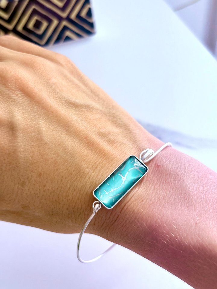 ⚡ Electric Tide Bangle | 7.75" Silver-Plated Wire Bracelet with Green and Silver Marbling | Rectangle Charm | Handmade Coastal Charm Jewelry by Monique Faella Designs™ | MFD-00174 product image (2)