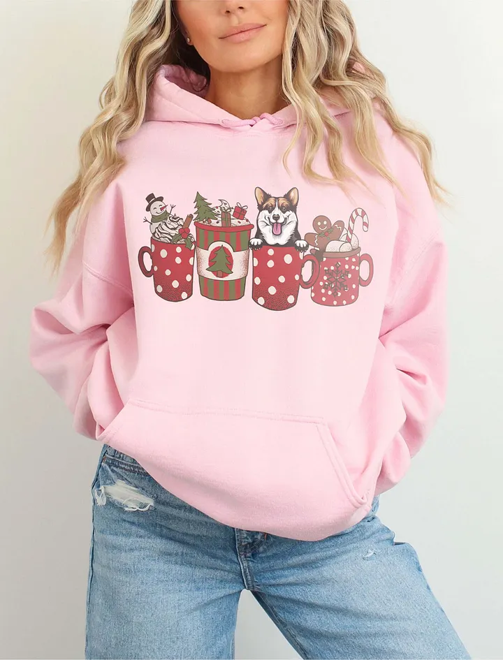 Cute Welsh Corgi(Sable) in a Christmas Cup Hooded Sweatshirt | Funny Christmas Pup in a Cup product image (6)
