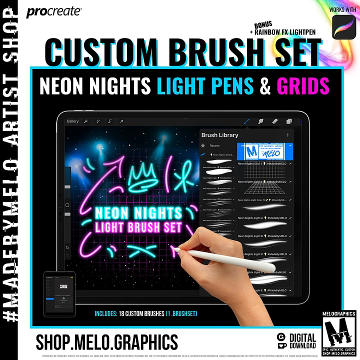 Neon Nights Procreate Light Pens & Grids Brush Set Bundle | #MadeByMELO product image (1)