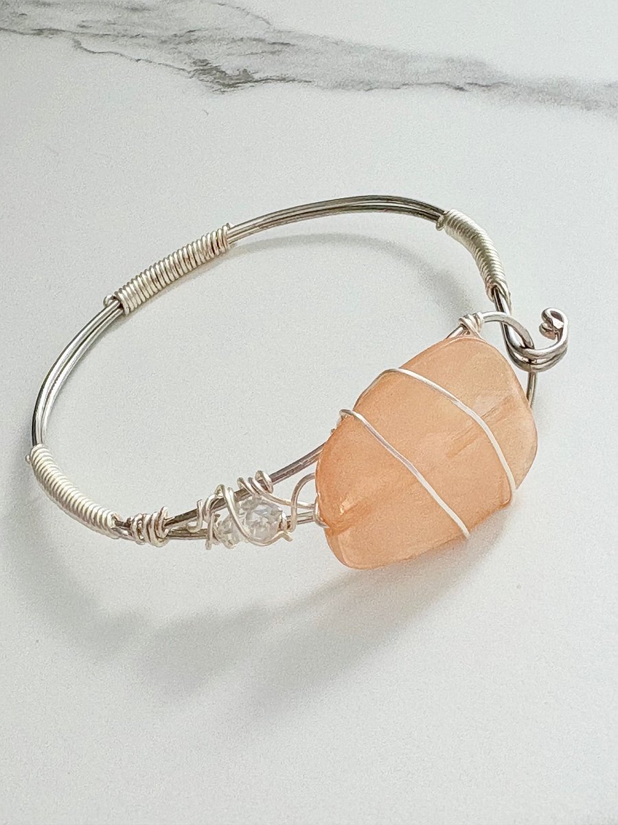 🌸 Blush Tide Wire-Wrapped Bracelet | Handmade 8" Diameter | Rose Quartz-Inspired | Coastal Charm by Monique Faella Designs™ | MFD-00184 product image (1)