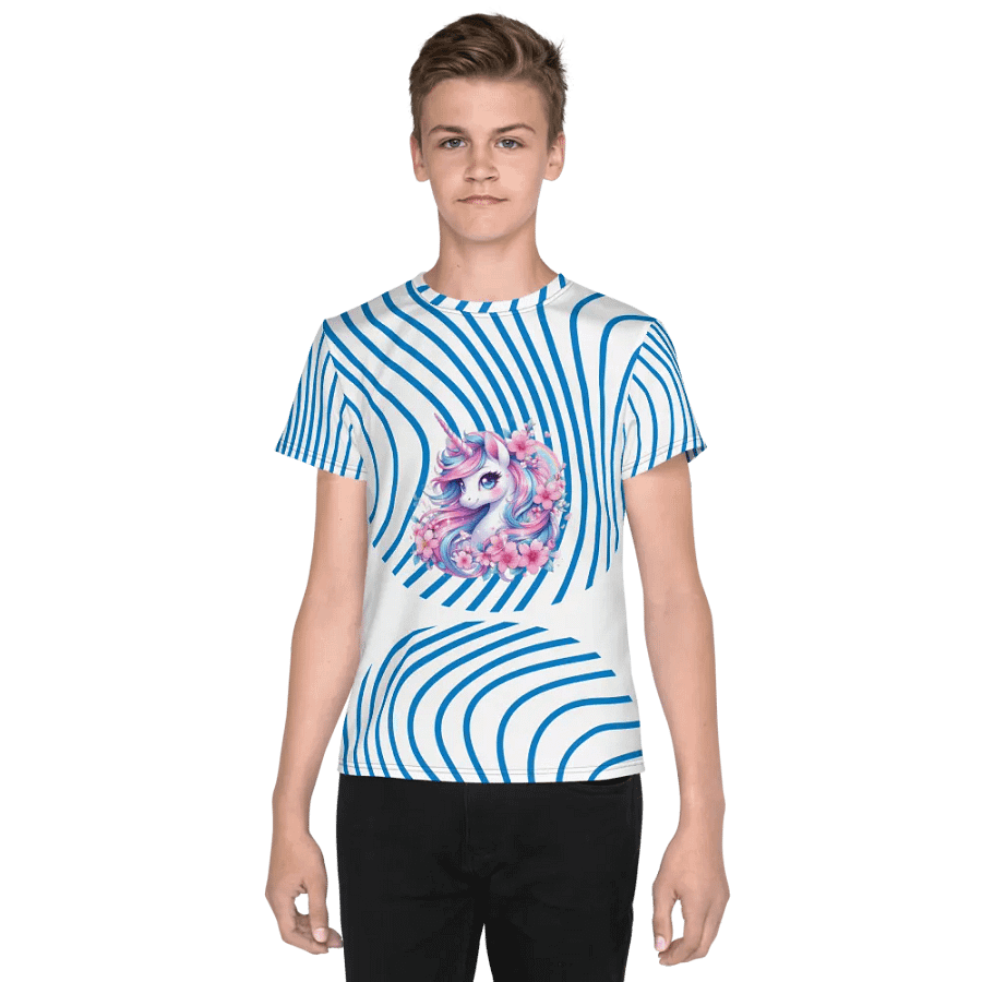KIDS- GIRL TEE -Blue Groovy line with Unicorn design- All-Over Print Youth Crew Neck T-Shirt product image (1)