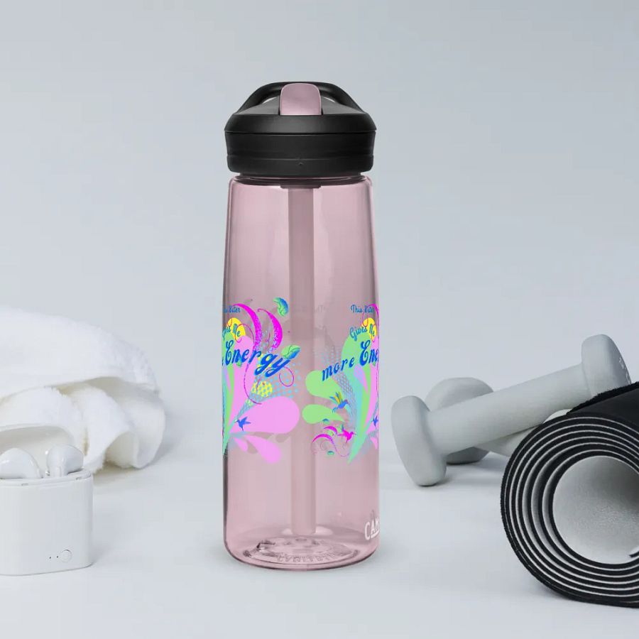 Camelback water bottle with beautiful swirly pink and green water drop splash and drops design featuring ' This water gives me Energy