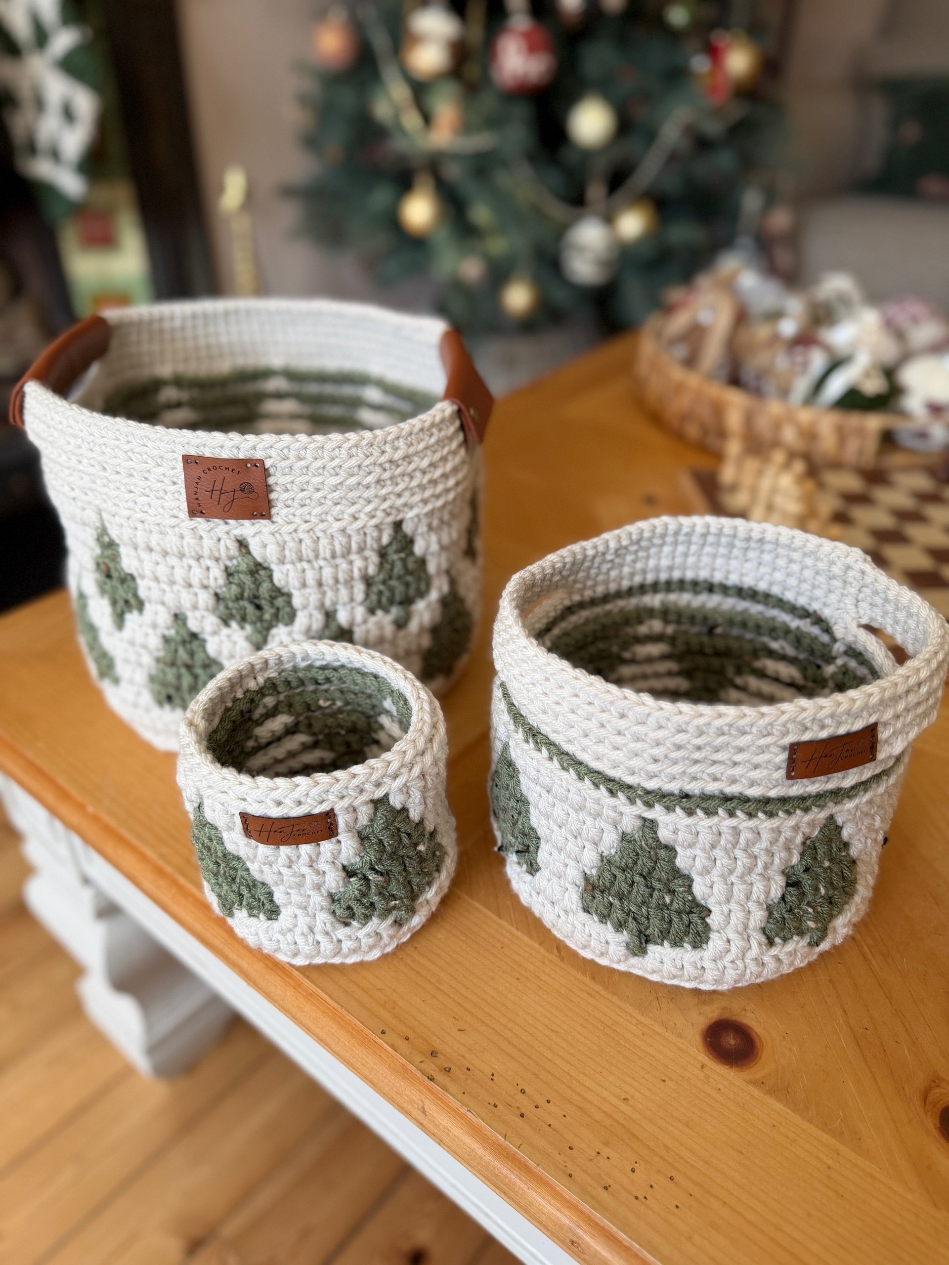 CROCHET PATTERN + VIDEO — Twinkling Trees Mosaic Crochet Baskets — 3 Nesting Sizes storage, gift, plantholder, Charts Included in PDF product image (8)