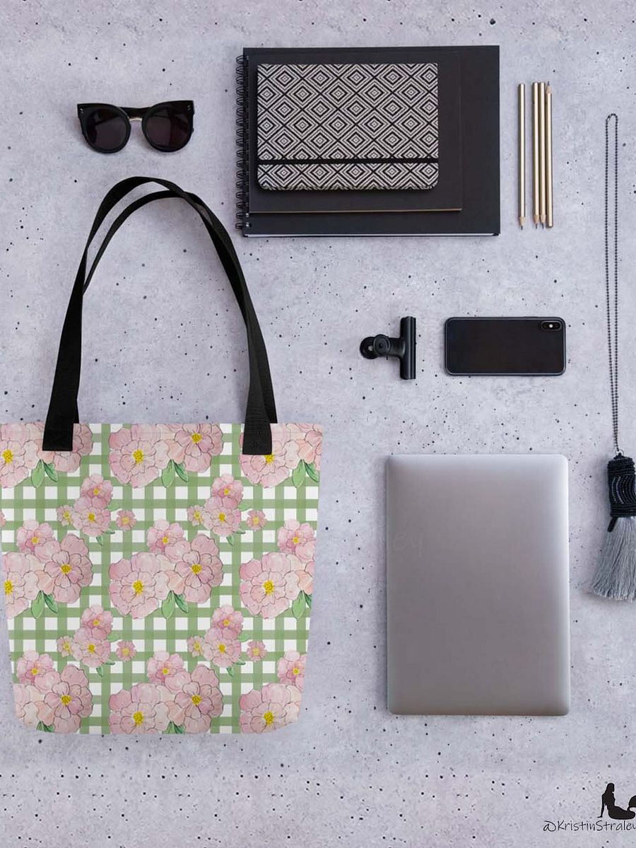 Gingham Blossoms - Med Pink Flowers on Green Gingham product image (7)