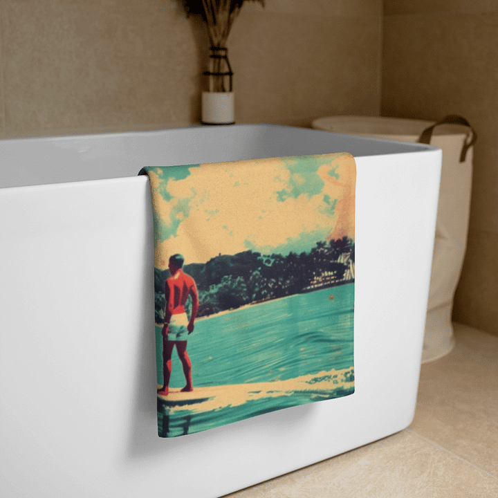 VINTAGE SURFER BODY TOWEL – 30"x60", COTTON TERRY BACK, RETRO ISLAND SCENE product image (2)
