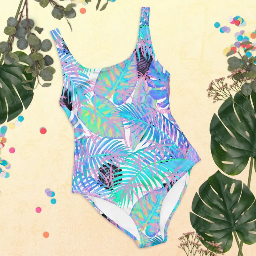 Ladies full swimsuit in lovely tropical blue turquoise palm leaves design. Fresh and trendy. product image (9)