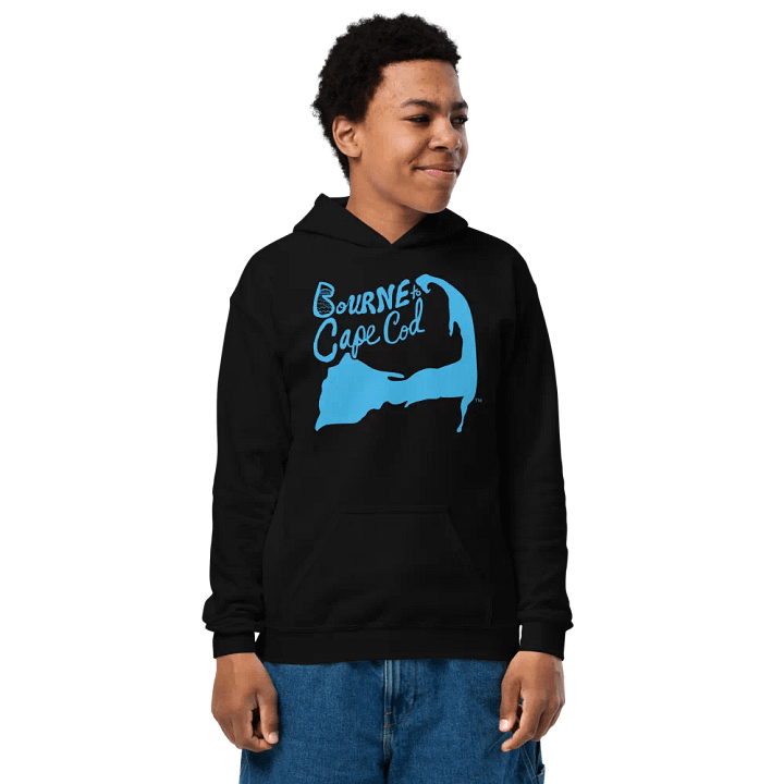 Boys' | BOURNE to Cape Cod™ | DTG Vintage Print | Youth Heavy Blend Hooded Sweatshirt | Rugged, Cozy, Adventure-Ready | Blue Logo product image (1)