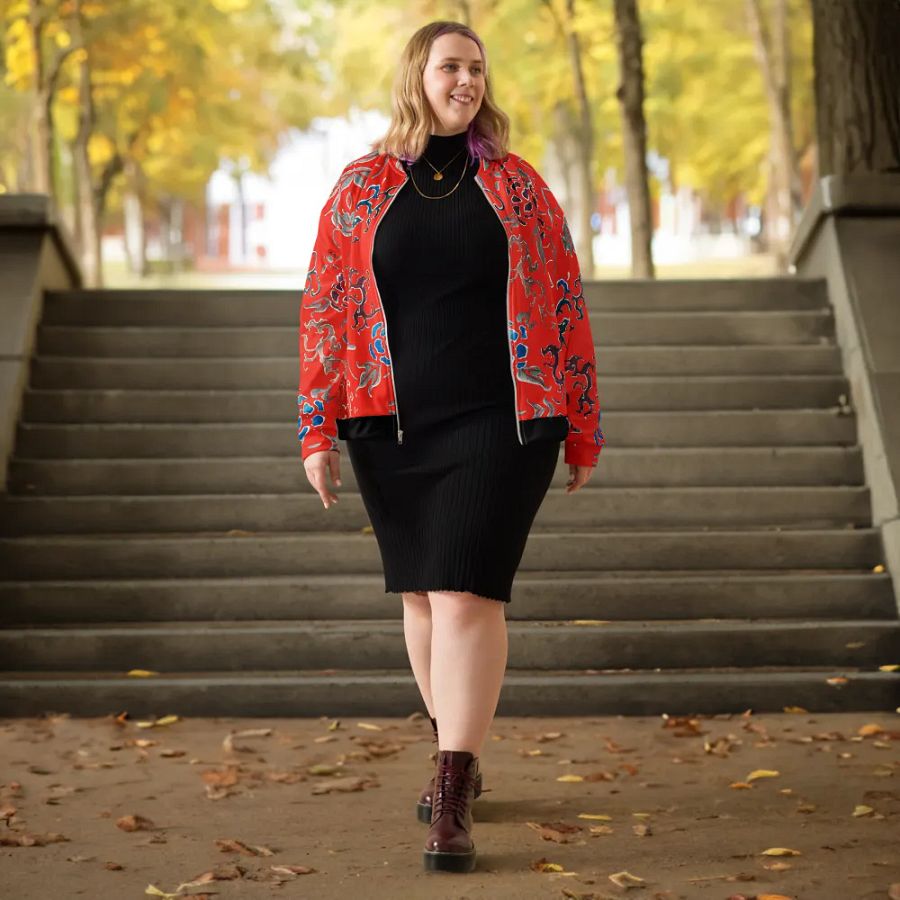 Red Oriental Floral Zip-Front Unisex Bomber Jacket product image (4)