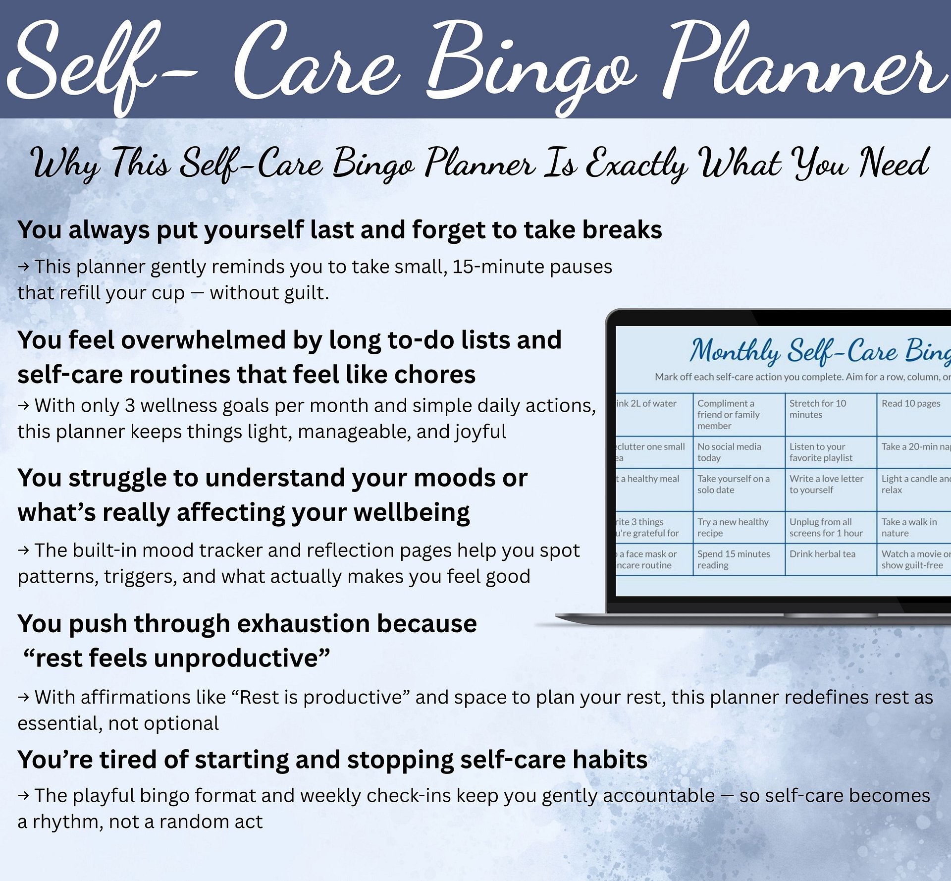 Self-Care Bingo Planner – Digital & Printable | Gentle Wellness Tracker | Self care love mindfulness journal | Slow living Diary | Relaxing product image (2)