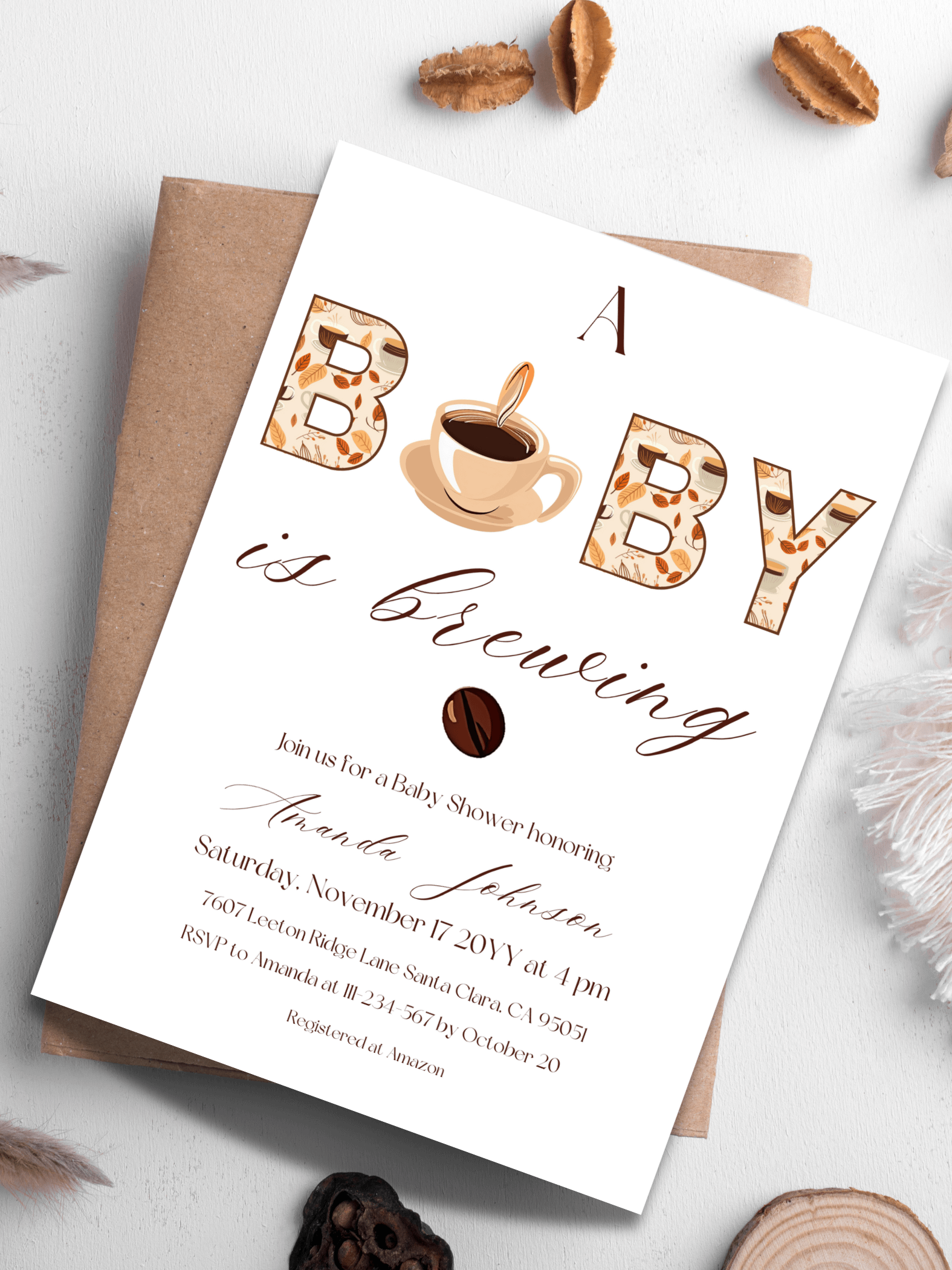 Coffee Themed Baby Shower Invitation, Rustic Brown and Beige Baby Shower Party, A Baby is Brewing Brunch Invitation, Digital Download product image (5)