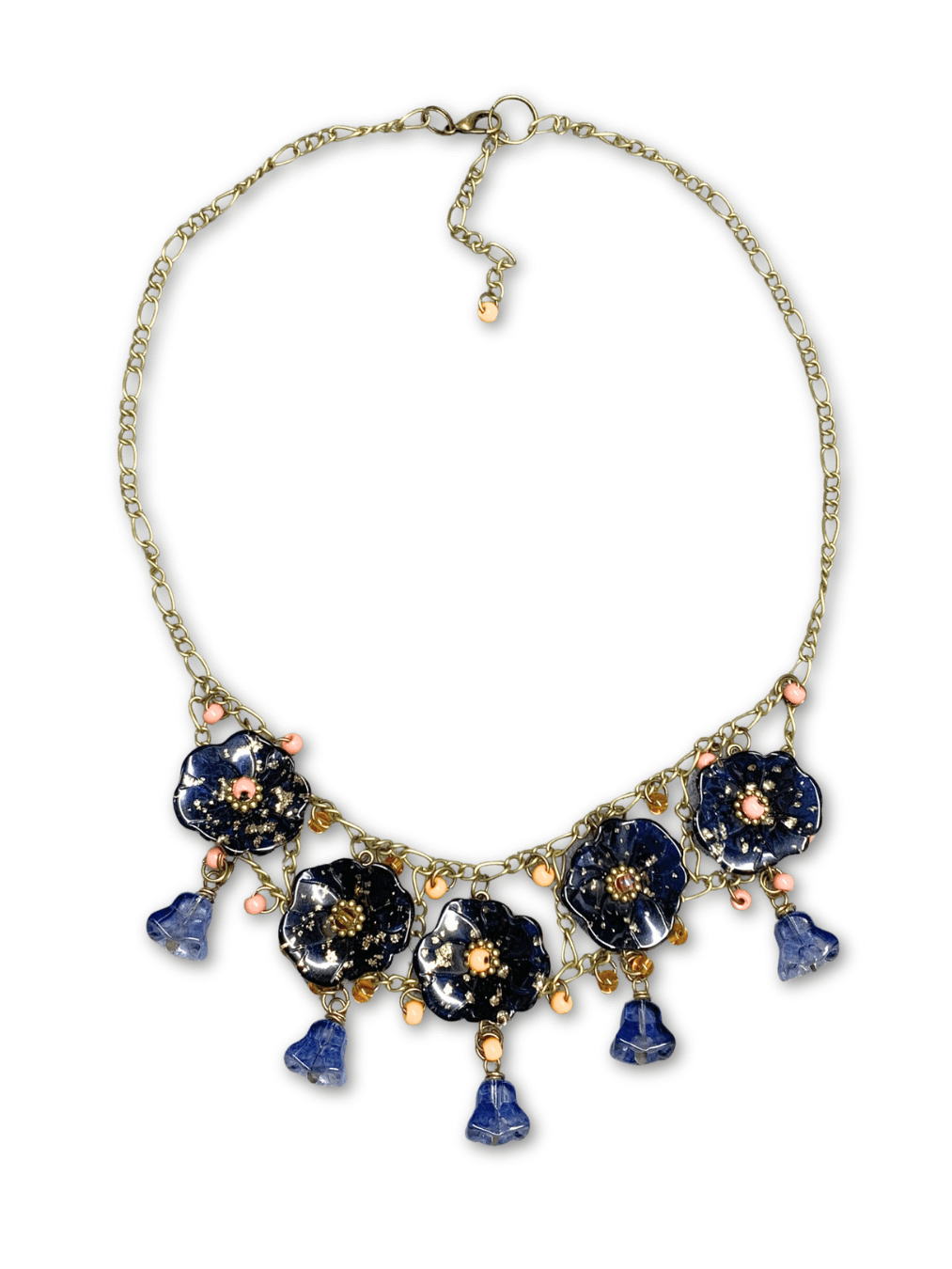 Beaded Glass Floral Statement Necklace on Chain - Blue product image (1)