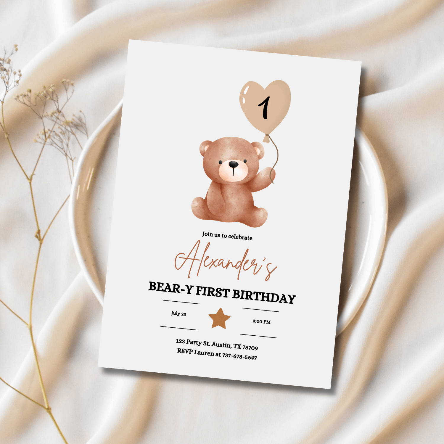 Bear-y First Birthday Invitation | Teddy Bear Birthday Invite | Editable Canva Template product image (3)