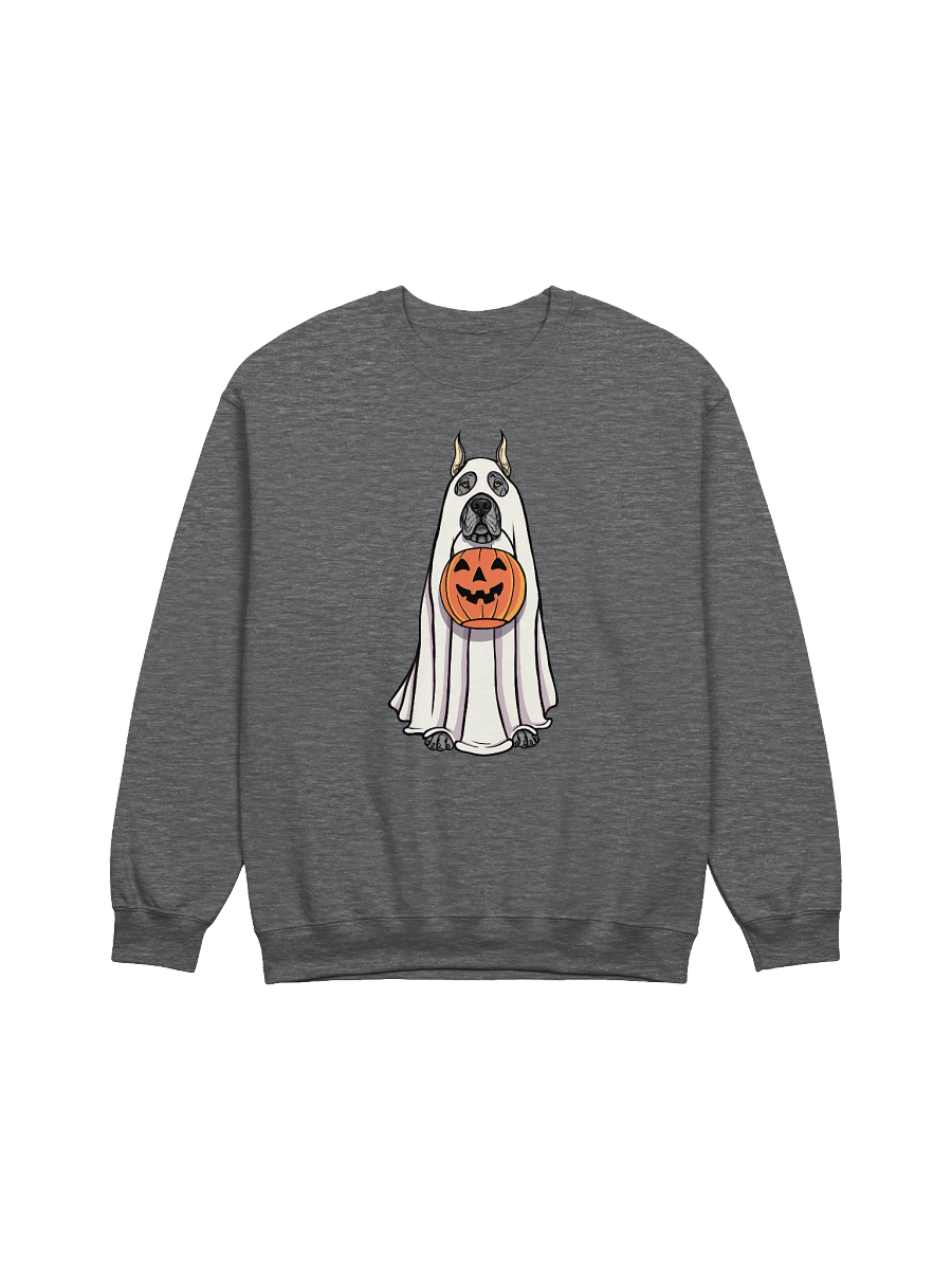 Funny Halloween Great Dane(Cropped Ears Gray) Sweatshirt | Funny Great Dane Wearing a Ghost Costume and Holding a Pumpkin Basket product image (7)