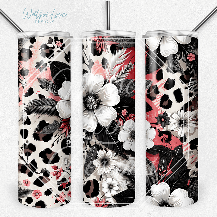 Black and White Floral 20 oz Skinny Tumbler Sublimation Design Digital Download PNG Instant DIGITAL ONLY, Tumbler Wrap product image (1)