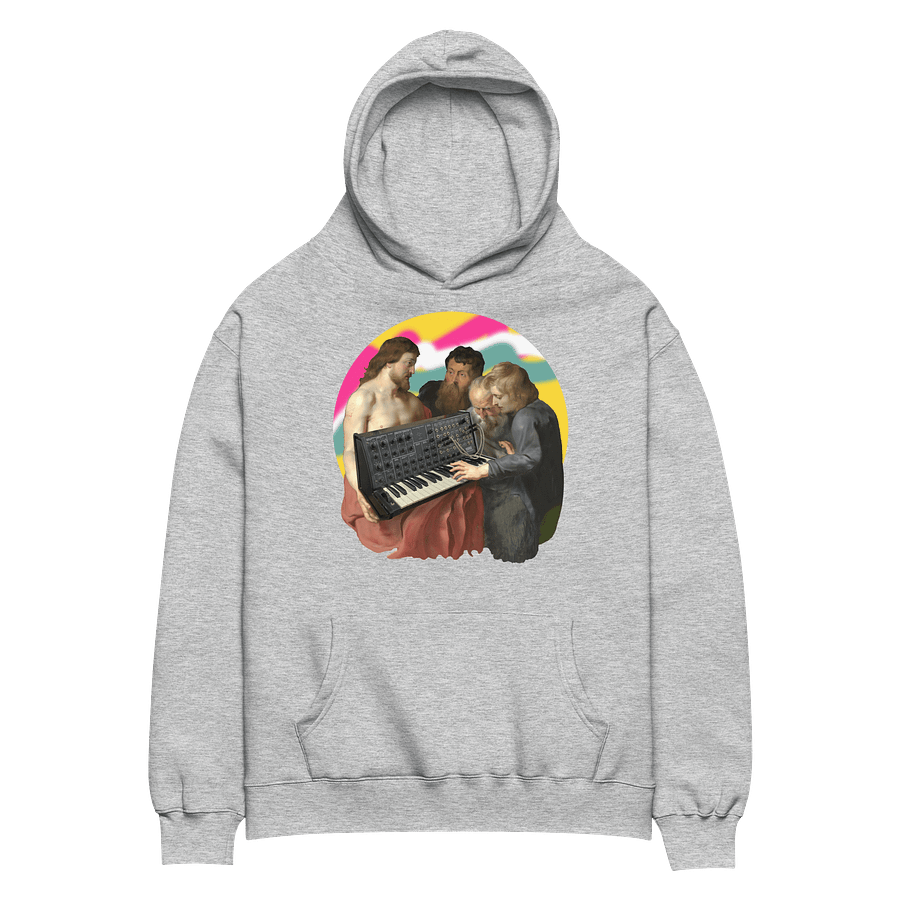 He died for our synths, by Frank Fonik (Japanese Korg MS 20), Techno EDM Unisex Premium Oversized Hoodie product image (1)