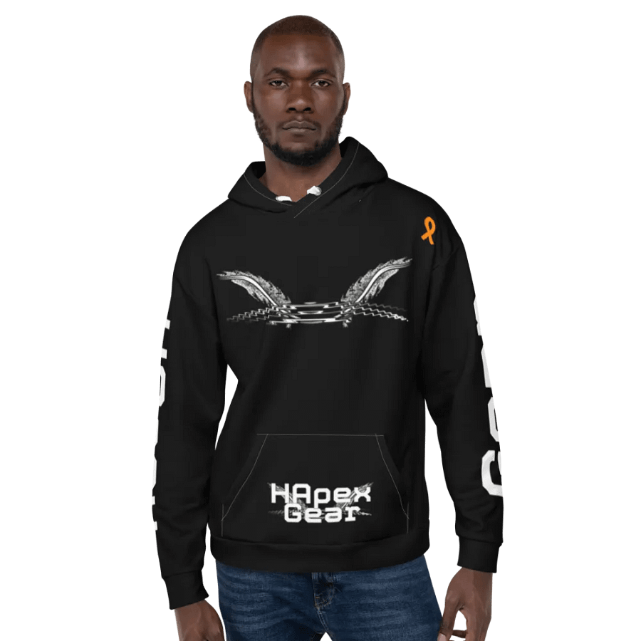 White HApex Gear White Logo Cancer Awareness Orange Ribbon. Black Recycled Unisex Hoodie product image (6)