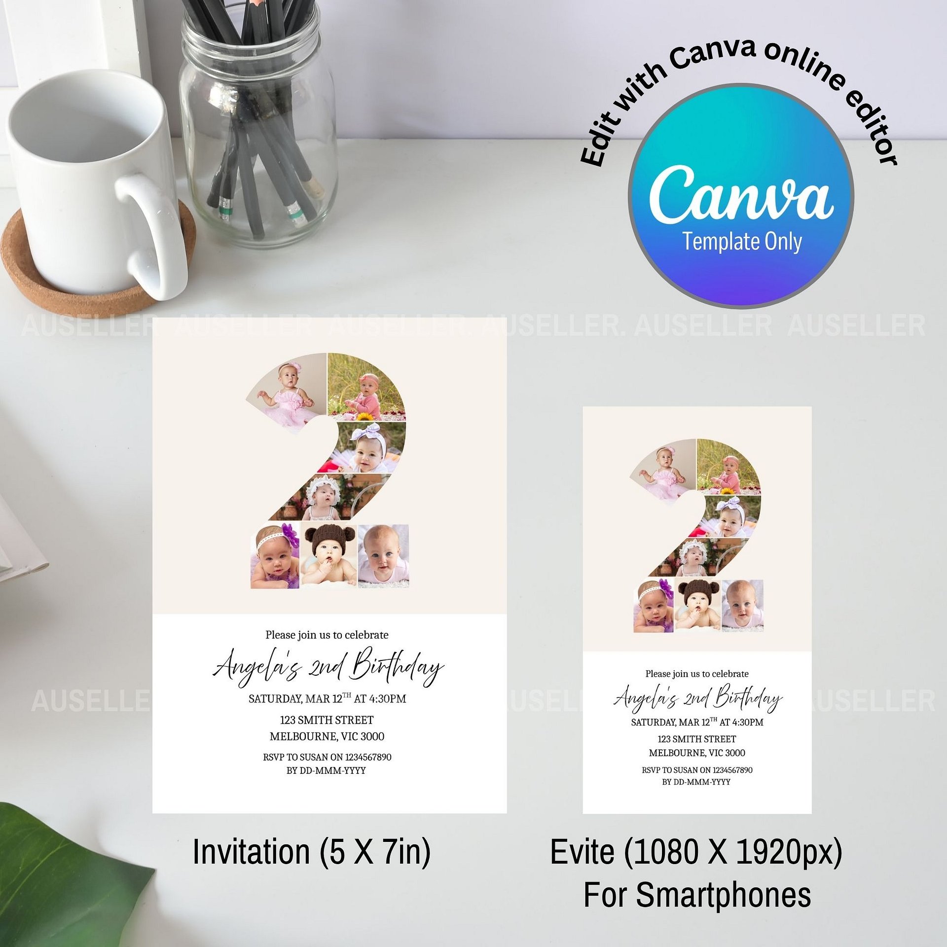 2nd Birthday Photo Collage Editable Invitation Template product image (4)