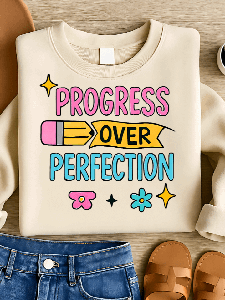 Progress Over Perfection Teacher Sublimation PNG – Motivational Back to School Design with Retro Typography – Uplifting Clipart for Growth-Minded Educators – 300 DPI Instant Download product image (1)
