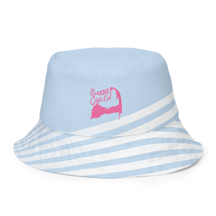 Adults Unisex | Reversible Bucket Hat | BOURNE to Cape Cod™ x BRN.2C.C.™ Logo Print | Coastal Style Sun Hat | Brilliant Rose on Skyline Stripes product image (1)