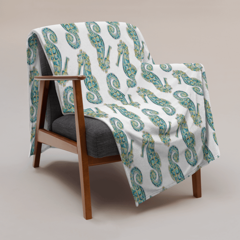 Painted Seahorses on White | Cozy Coastal Throw Blanket | by Monique Faella Designs™ product image (6)