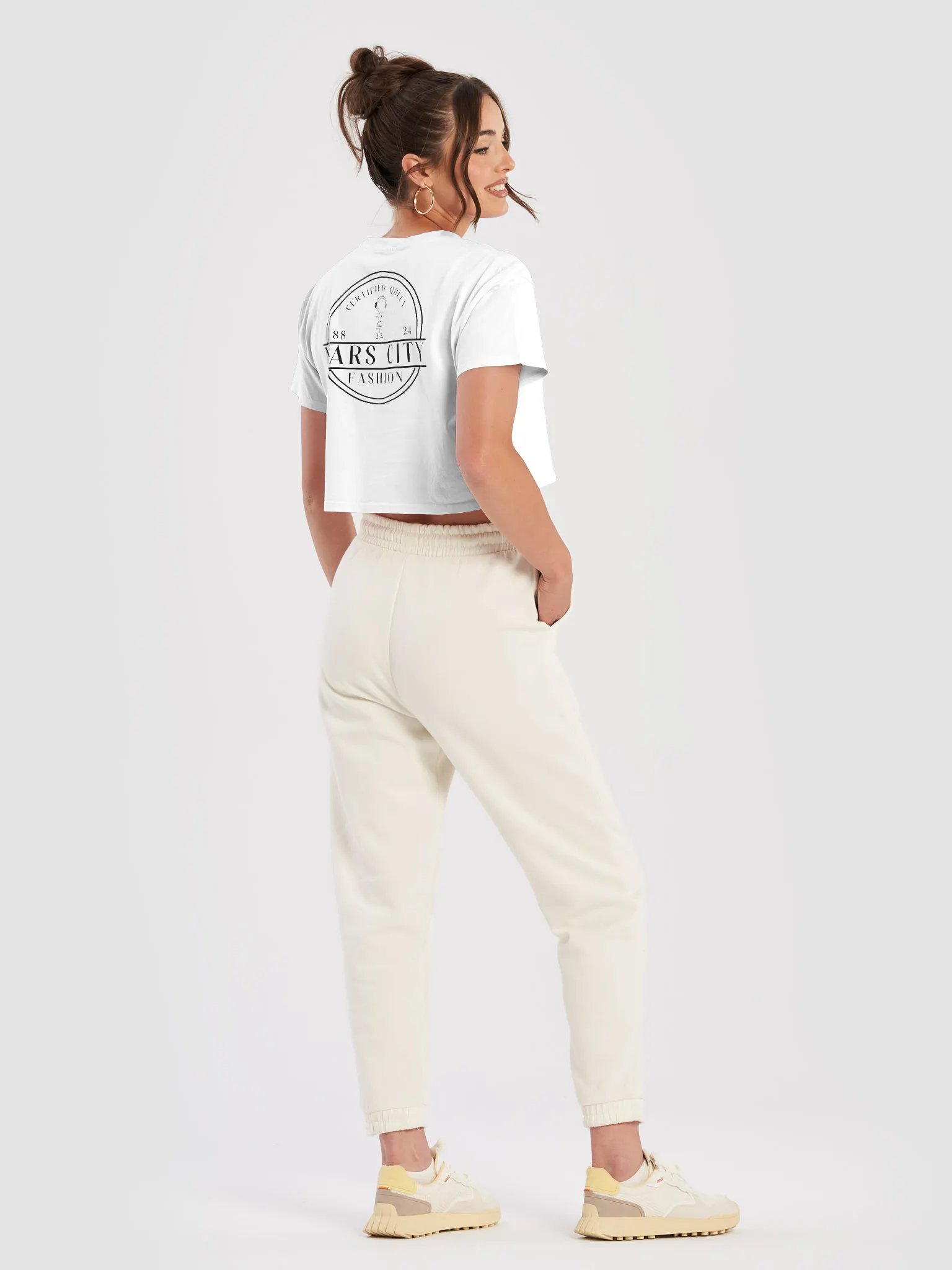 Ladies white cropped tee shirt with Gold Astronaut black circle front product image (8)